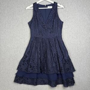 Eliza J Women's Size 4 Navy Blue Lace Overlay Fit and Flare Midi Dress